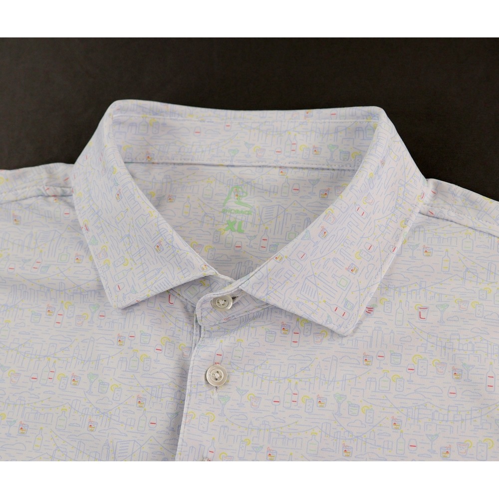 Rhoback Polo Shirt Mens XL White Cocktail Print Short Sleeve Stretch Golf